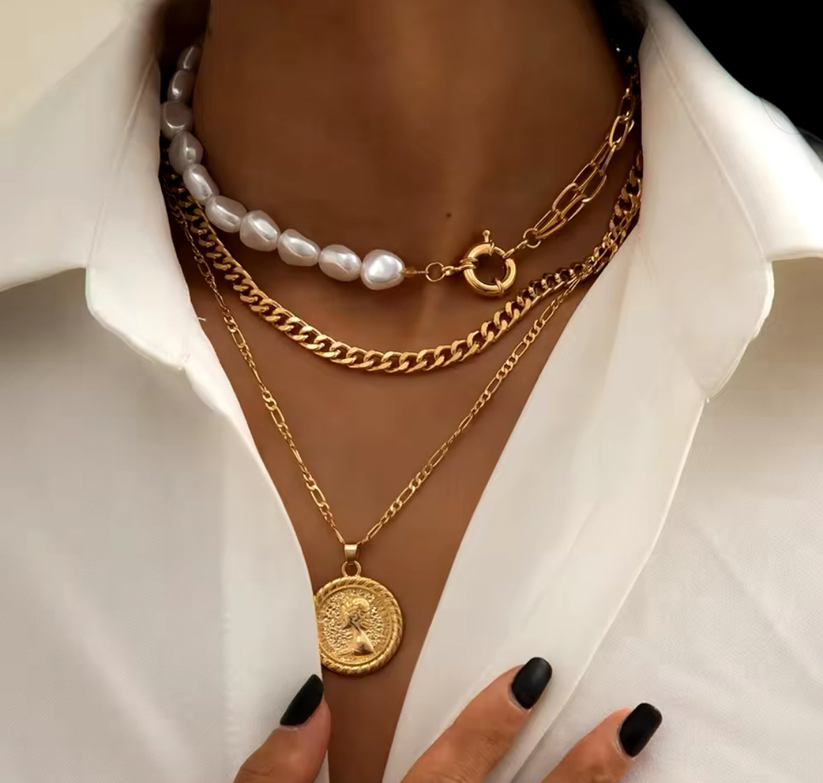 Golden Pearl Chain Necklace Set